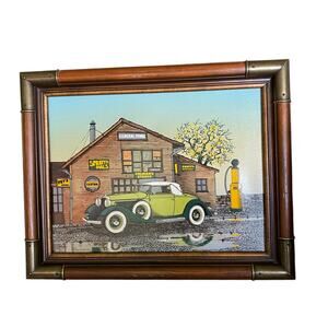 H. Hargrove Serigraph Oil Painting on Canvas Antique Car, General Store – Framed